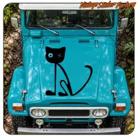 Gato negro estilizado aplicado en el capó de un vehículo turquesa, vista frontal