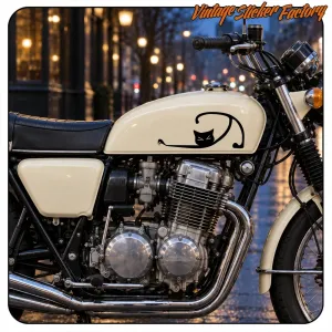 Elongated black cat applied to the tank of a classic motorcycle