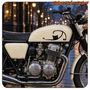 Elongated black cat applied to the tank of a classic motorcycle