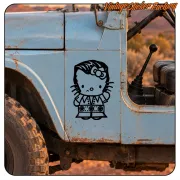 Kitty Elvis sticker applied to the side of a blue off-road vehicle