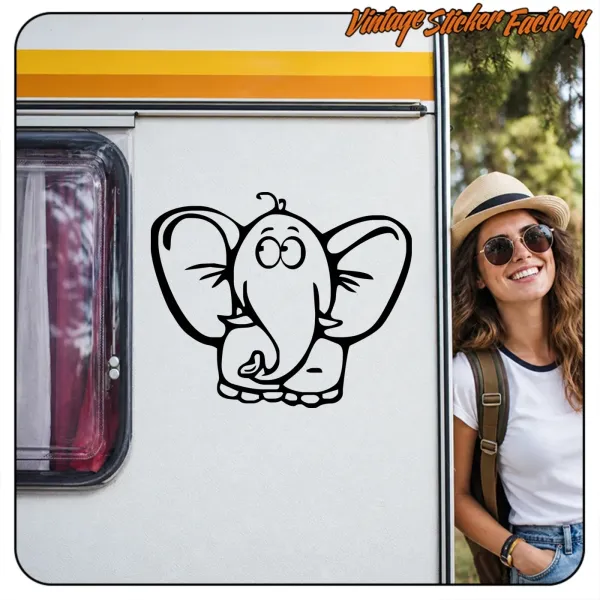 Adhesive elephant on a caravan beside a person wearing a hat and glasses