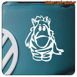 Autocollant de poney caricatural blanc appliqué sur une surface bleue