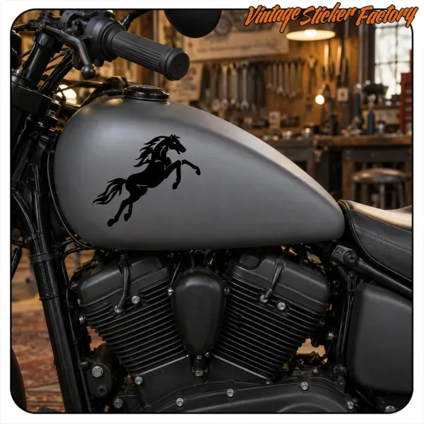Detail of the horse sticker applied to a motorcycle fuel tank