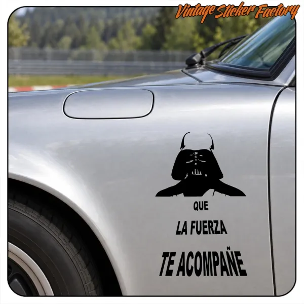 Detail of the Darth Vader sticker and the text “May the Force Be with You” on a car
