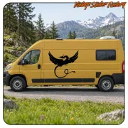 Yellow van with the winged dragon design applied to its side