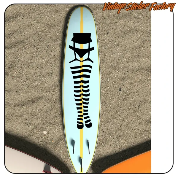 Alternative view of the black pin-up legs design on a surfboard