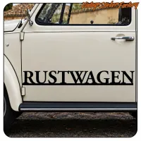 Nahaufnahme des an der Tür eines klassischen Volkswagen angebrachten RUSTWAGEN-Aufklebers