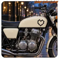 Detail eines klassischen Motorrads mit Kettenherz auf dem Tank
