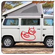 Large red Demon Duck applied to the side of a camper van