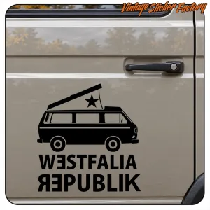 Black WESTFALIA REPUBLIK decal applied to the side door of a van