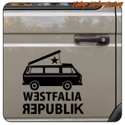 Black WESTFALIA REPUBLIK decal applied to the side door of a van