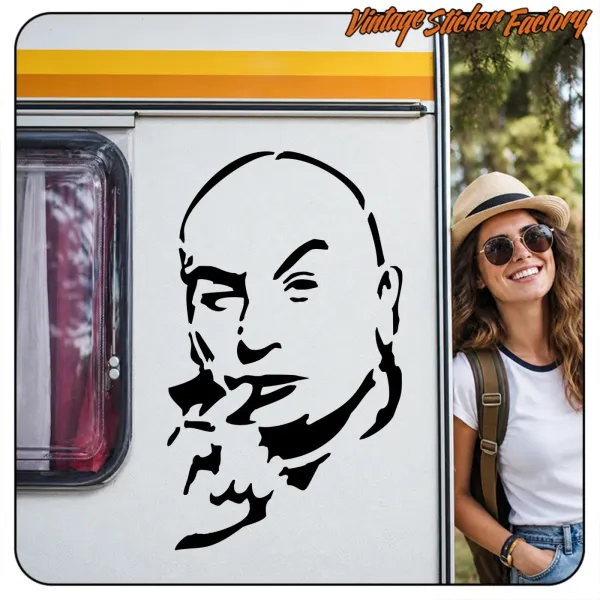 View of the Dr Evil design applied to a caravan next to a person