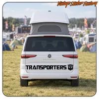 Alternative view of the black TRANSPORTERS sticker applied to a camper van
