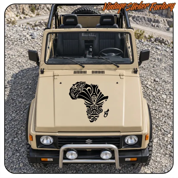 Todoterreno beige con el diseño tribal africano negro aplicado en el capó