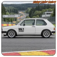 Side view of a white car on a circuit, with a text sticker on the door