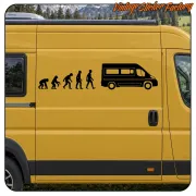 Design de l’évolution humaine à côté d’un camping-car appliqué sur un fourgon jaune