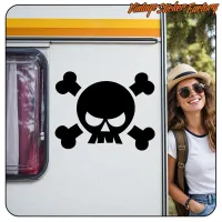 Black skull with crossed bones applied to the side of a caravan