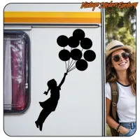 Application of the design of a person with balloons on a caravan, with a female traveller beside it