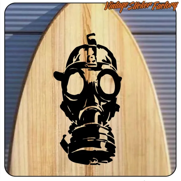 Close-up of gas mask vinyl on a wooden board