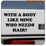 Texte « WITH A BODY LIKE MINE WHO NEEDS HAIR ? » appliqué à l’arrière d’un véhicule blanc