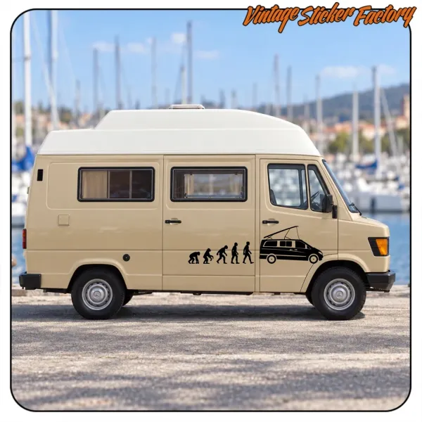 Vinilo negro de evolución humana hacia una furgoneta camper aplicado en el lateral de una autocaravana