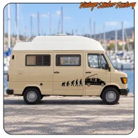 Vinilo negro de evolución humana hacia una furgoneta camper aplicado en el lateral de una autocaravana