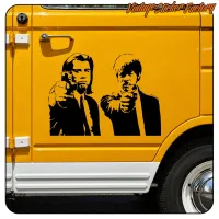 Detail of the Pulp Fiction sticker on the door of a yellow van