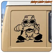Character sticker with glasses and moustache applied to the side of a beige van