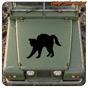 Silhouette noire de chat appliquée sur l’avant d’un ancien véhicule vert