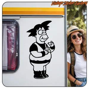 Sticker Goku Homer appliqué sur la porte d’une caravane