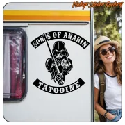 Sons of Anakin sticker applied to the side of a caravan beside a person