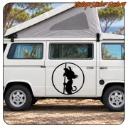 View of a white camper van with the circular Goku silhouette on the door