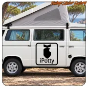 iPotty sticker placed on the side door of a white campervan