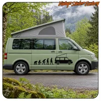 Pegatina de evolución hacia furgoneta camper aplicada en el lateral de una camper verde