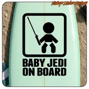 Pegatina Baby Jedi on Board en negro sobre una tabla de surf verde agua