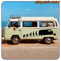 Human evolution and van sticker placed on the side of a camper van