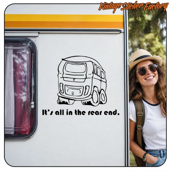 Sticker with a line drawing of a van and the text «It's all in the rear end.» on a motorhome