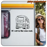 Aufkleber mit einer Strichzeichnung eines Vans und dem Text «It's all in the rear end.» auf einem Wohnmobil