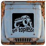 Go Topless sticker applied to the bonnet of a classic blue Jeep