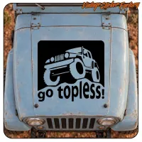 Top view of a classic blue Jeep with the Go Topless sticker on the bonnet