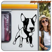 Bull Terrier an der Seite eines Wohnwagens neben einer Person angebracht