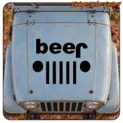 Black «beer» sticker with two dots and five bars applied to the bonnet of a classic blue Jeep