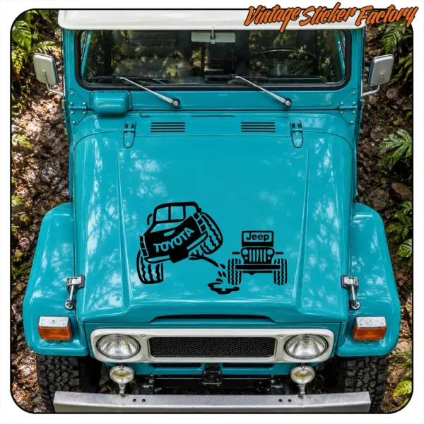 Toyota and Jeep sticker centred on the bonnet of a blue off-road vehicle