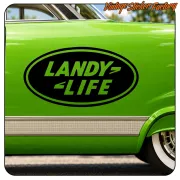 Black «LANDY LIFE» sticker applied to the side of a green vehicle
