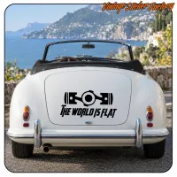 Rear view of a classic convertible with the «The World Is Flat» sticker