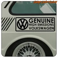 Close-up view of the Genuine High Emissions Volkswagen sticker beside a classic vehicle wheel