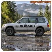 Vinilo negro Subaru aplicado en el lateral de un coche gris junto a montañas