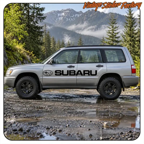 Pegatina Subaru en negro sobre el lateral de un coche gris en un paisaje de montaña