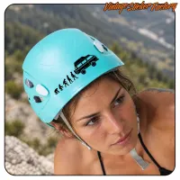 Aufkleber mit menschlicher Evolution und Transporter auf einem blauen Kletterhelm