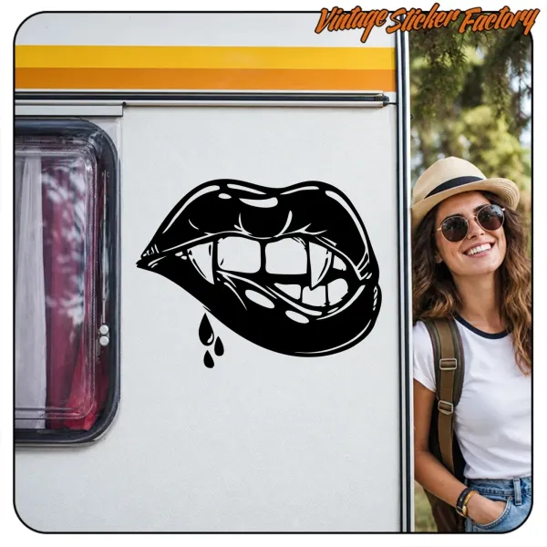 Application of the lips-with-fangs design on a caravan beside a female traveller